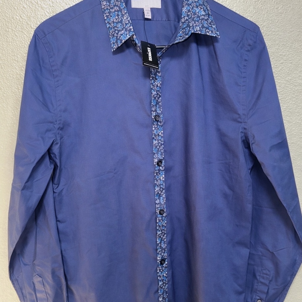 Express Men’s Navy Dress Shirt Small Slim Fit 14 Neck Floral Trim NWT